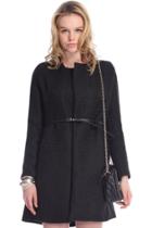 Romwe Band Collar Belted Black Coat