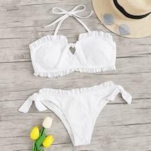 Romwe Frill Trim Halter Top With Tie Side Bikini Set