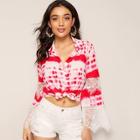 Romwe Lace Insert Bell Sleeve Tie Dye Blouse