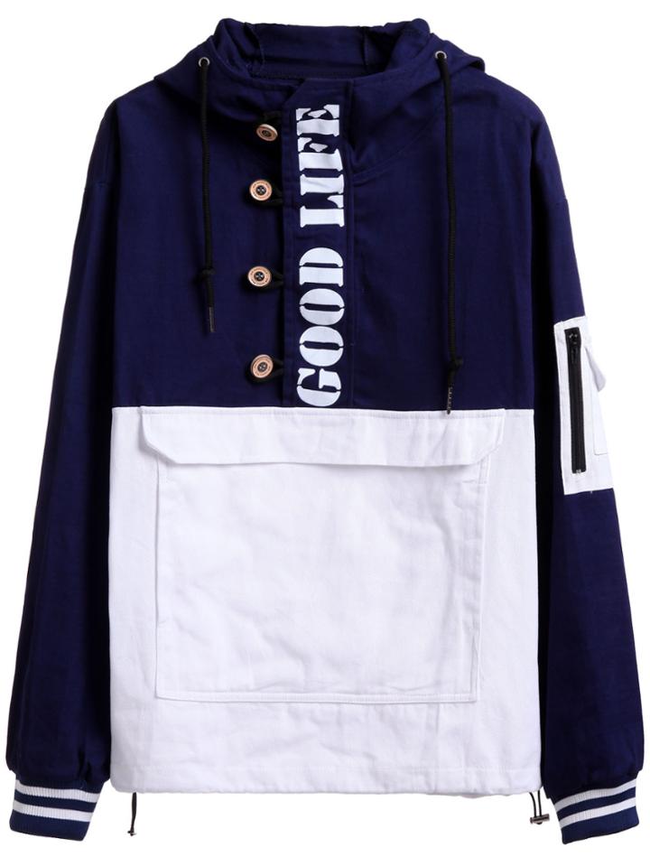 Romwe Navy Contrast Letters Print Pocket Hooded Sweatshirt