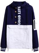 Romwe Navy Contrast Letters Print Pocket Hooded Sweatshirt