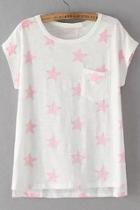 Romwe With Pocket Star Print Pink T-shirt