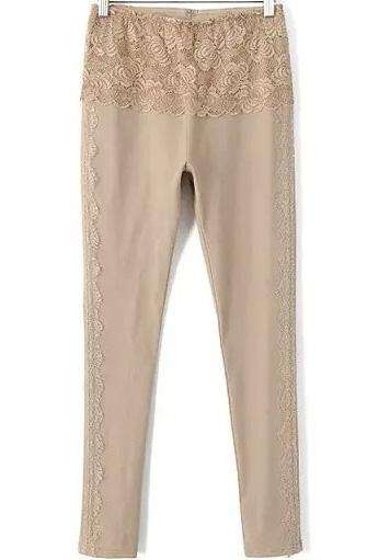 Romwe Lace Insert Slim Khaki Legging