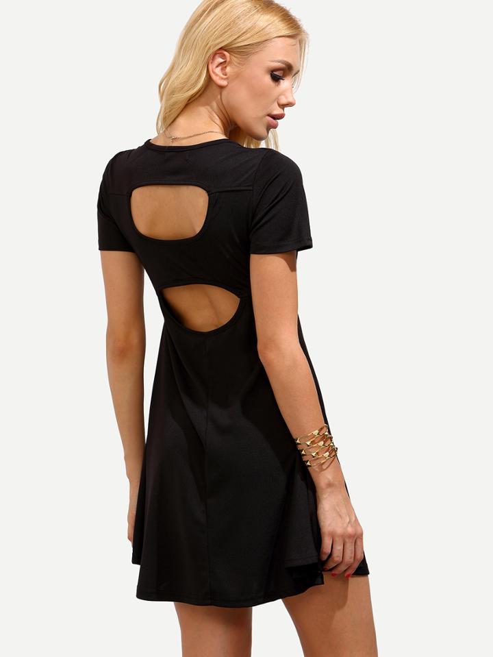 Romwe Black V Neck Cutout Skater Dress