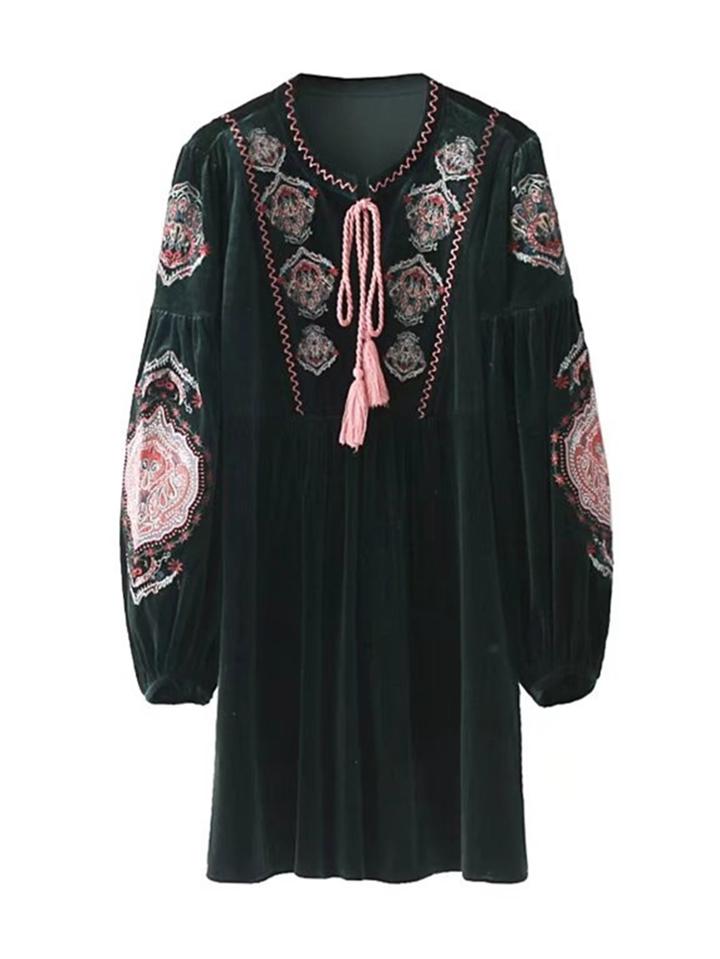 Romwe Tassel Tie Lantern Sleeve Embroidered Dress