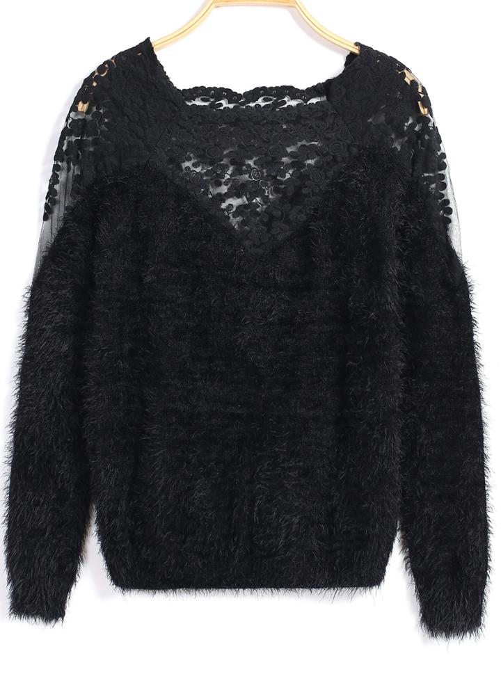Romwe Lace Contrast Knit Black Sweater