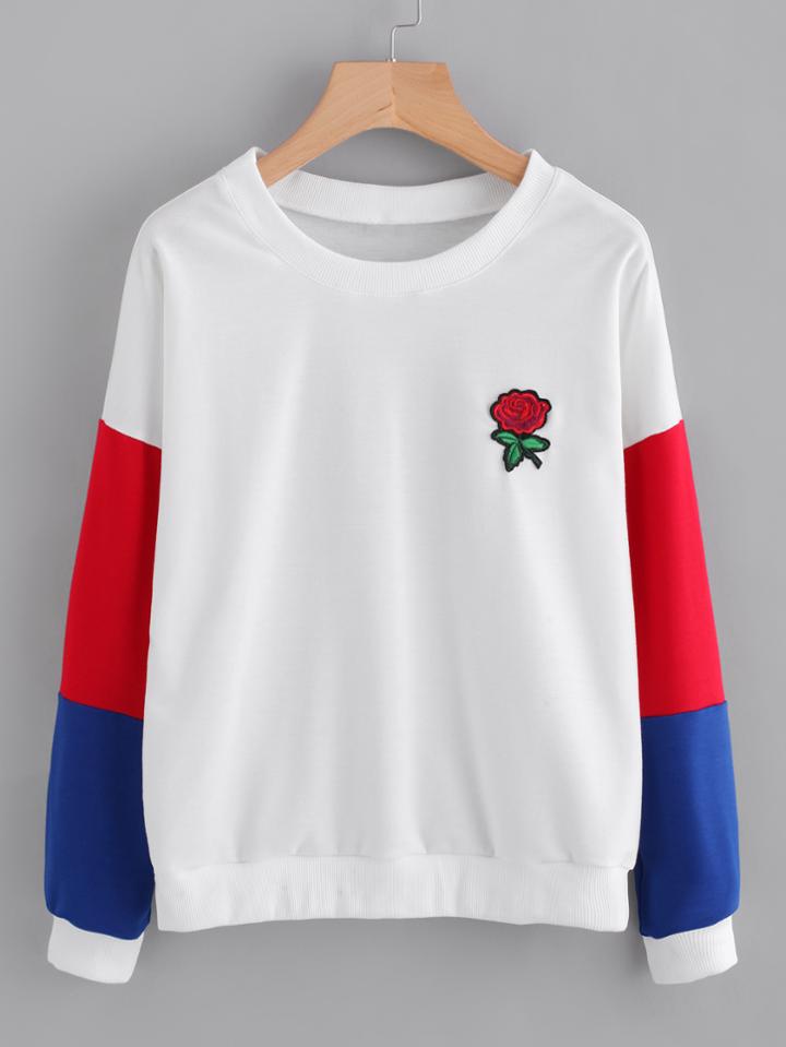 Romwe Rose Patch Pullover With Cut & Sew Sleeve