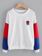 Romwe Rose Patch Pullover With Cut & Sew Sleeve