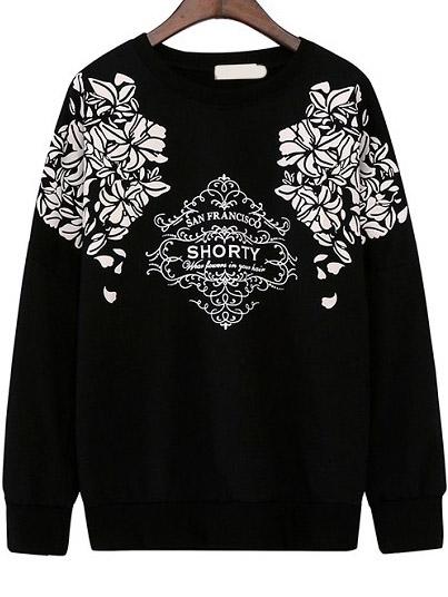 Romwe Round Neck Vintage Print Black Sweatshirt