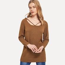 Romwe Strappy Neck Solid Hoodie Sweater