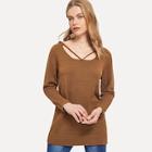 Romwe Strappy Neck Solid Hoodie Sweater