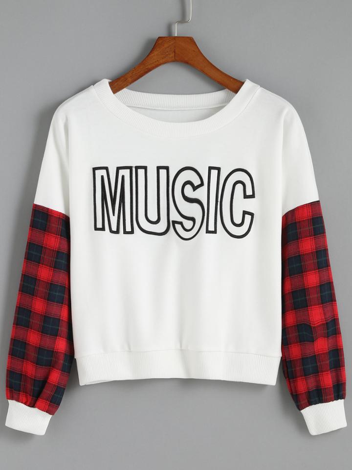 Romwe Letter Print Plaid Crop Sweatshirt
