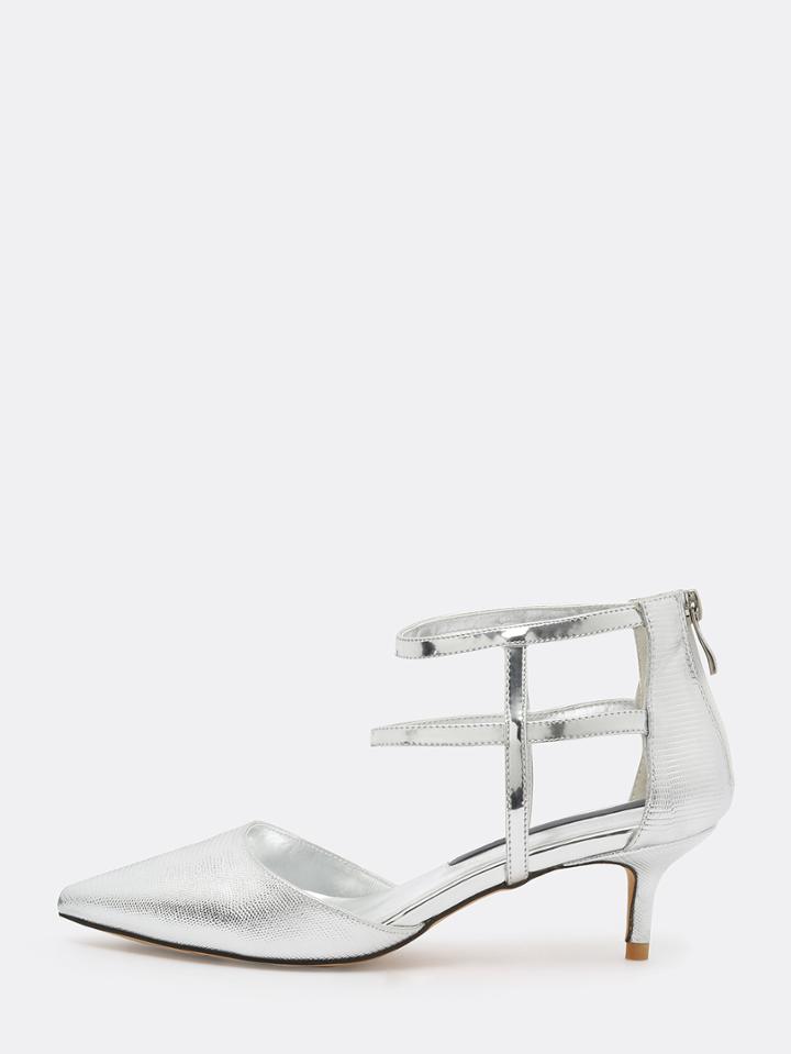 Romwe Metallic Silver Strappy Pointed Toe Bakc Zip Pumps