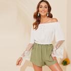 Romwe Embroidered Mesh Bell Sleeve Frilled Bardot Top