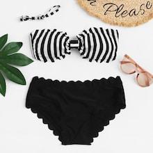 Romwe Striped Scalloped Trim Top With High Waist Bikini
