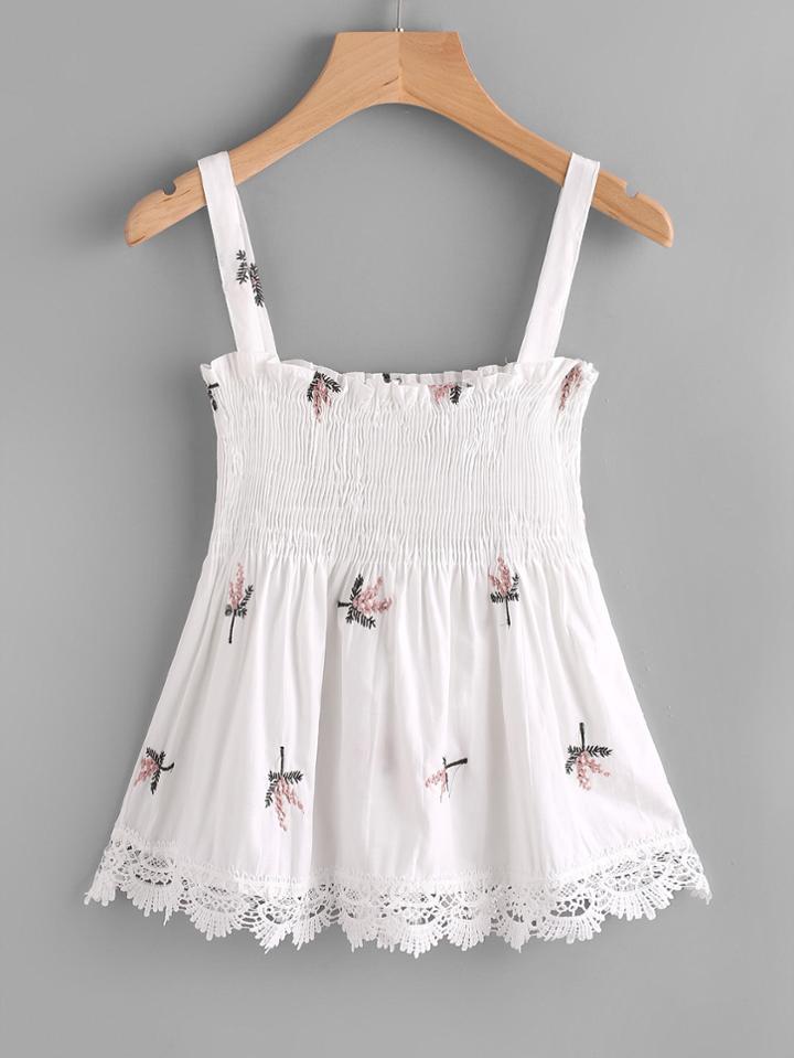 Romwe Floral Embroidered Lace Hem Shirred Cami Top