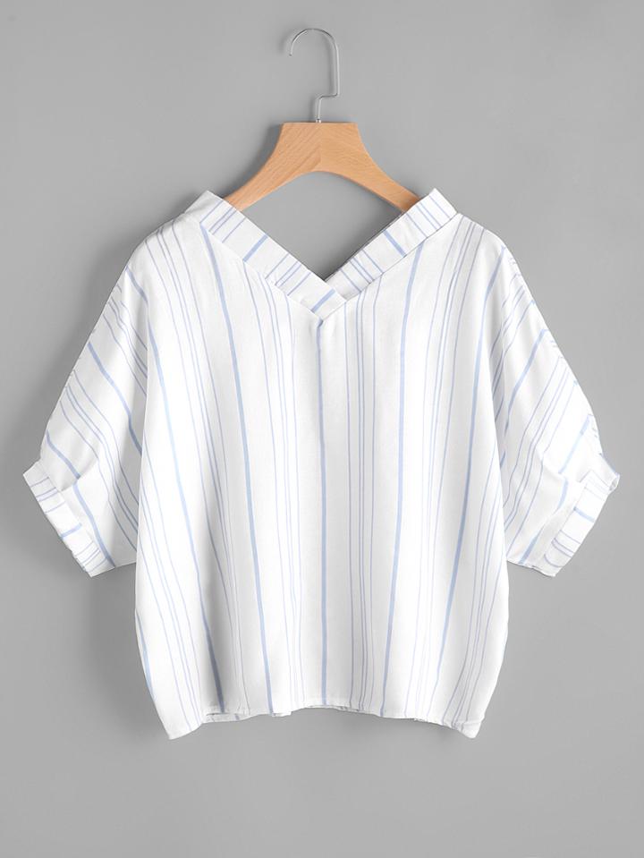 Romwe V Neckline Batwing Sleeve Striped Blouse