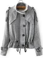 Romwe Stand Collar Drawstring Single Breasted Grey Coat