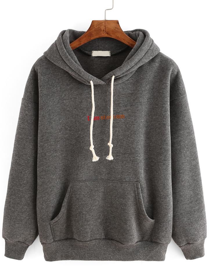 Romwe Hooded Letter Embroidered Drawstring Sweatshirt