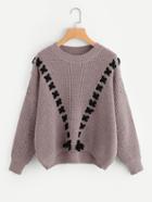 Romwe Rivet Embellished Lace Up Sweater