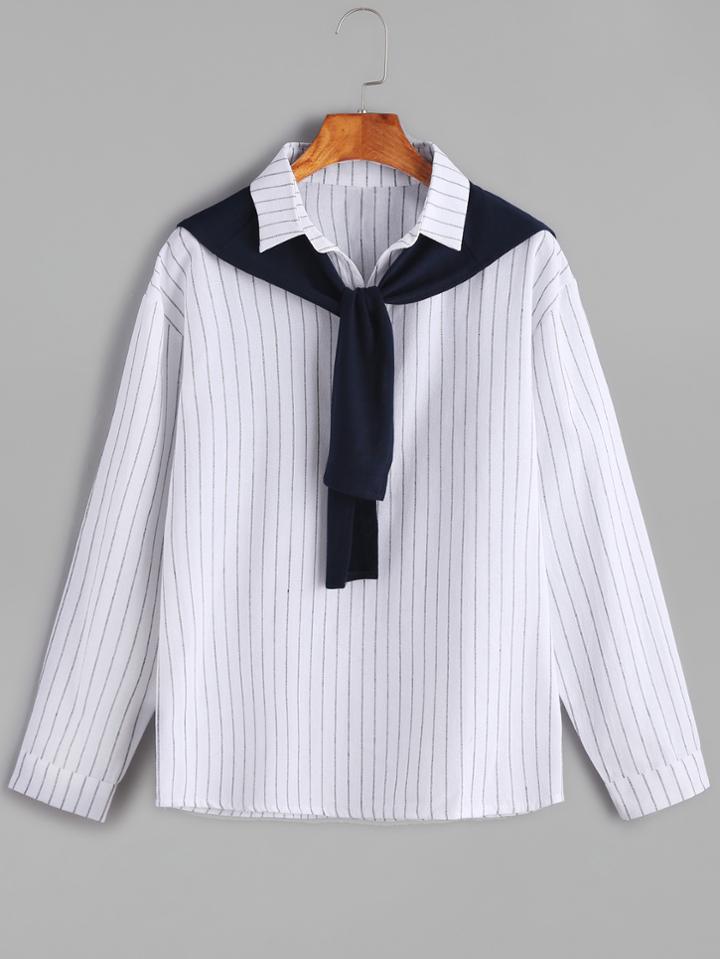 Romwe White Vertical Striped Contrast Knot Front Blouse