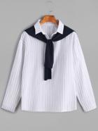 Romwe White Vertical Striped Contrast Knot Front Blouse