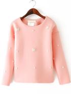 Romwe Bead Loose Pink Sweatshirt
