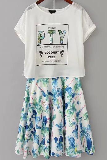 Romwe Letter Print Split Top With Florals Pleated Skirt