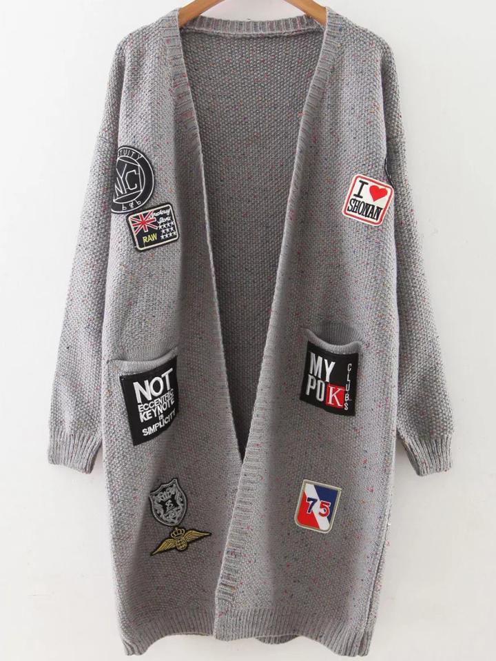 Romwe Grey Patch Embellished Drop Shoulder Sweater Coat