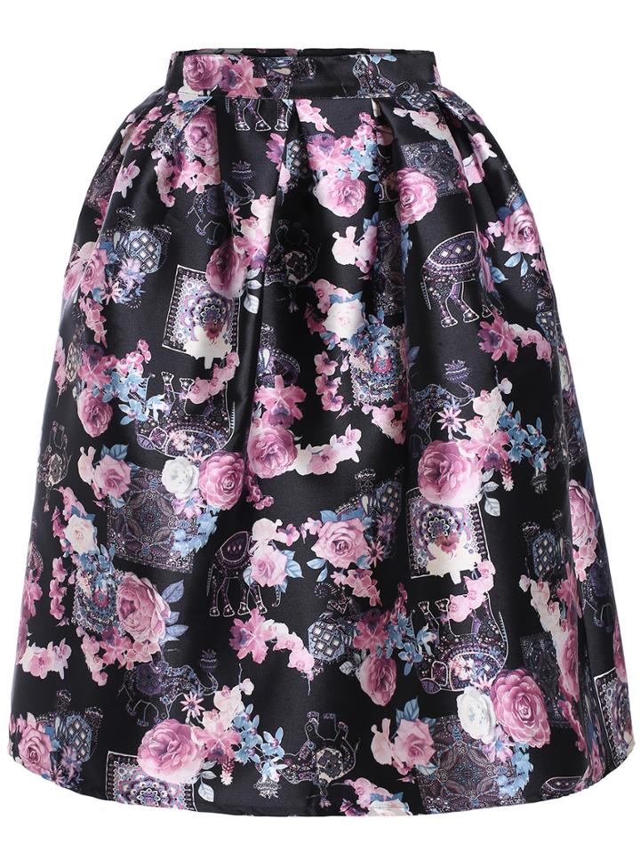 Romwe Vintage Floral Elephant Print Skirt