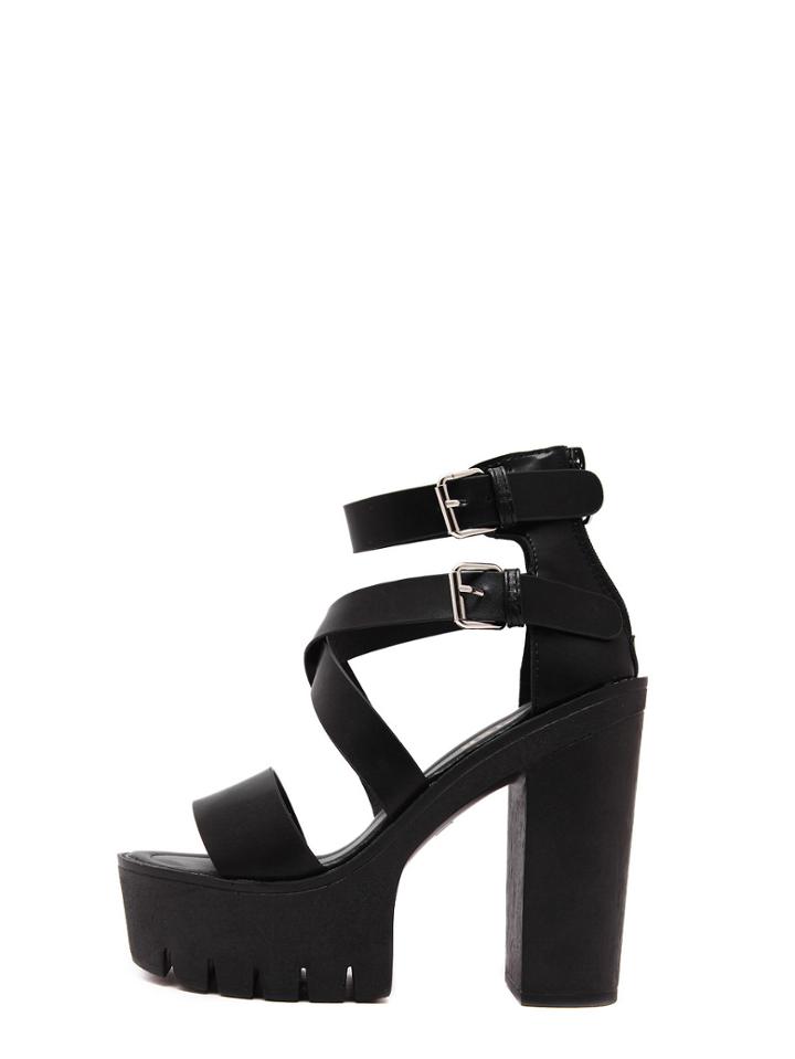 Romwe Black Peep Toe Buckle Platform Chunky Pumps