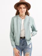 Romwe Light Green Letter Print Zipper Bomber Jacket