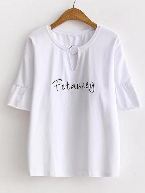 Romwe White Letter Embroidery Ring Detail T-shirt