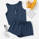 Romwe Button Front Tank Top With Shorts Pj Set