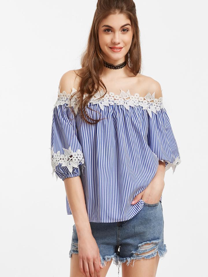 Romwe Blue Vertical Striped Off The Shoulder Lace Applique Blouse