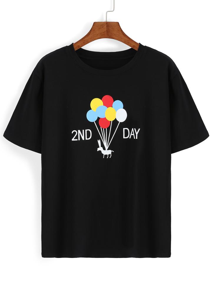 Romwe Balloon Print Black T-shirt