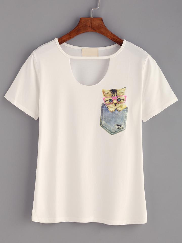 Romwe White Cutout Neck Cat Print T-shirt
