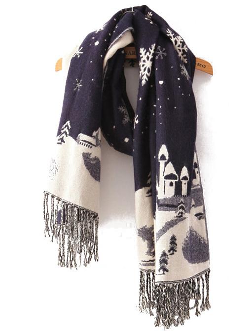 Romwe Snowflake Print Tassel Navy Scarf