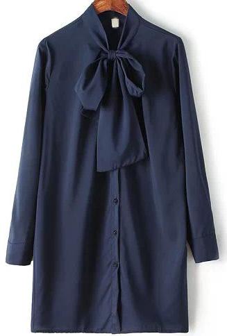 Romwe Blue Tie Neck Long Sleeve Loose Blouse