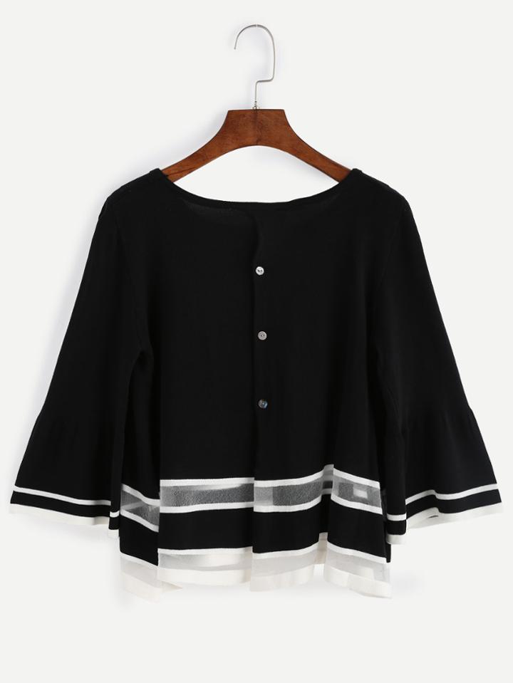 Romwe Black Contrast Trim Button Front Sweater