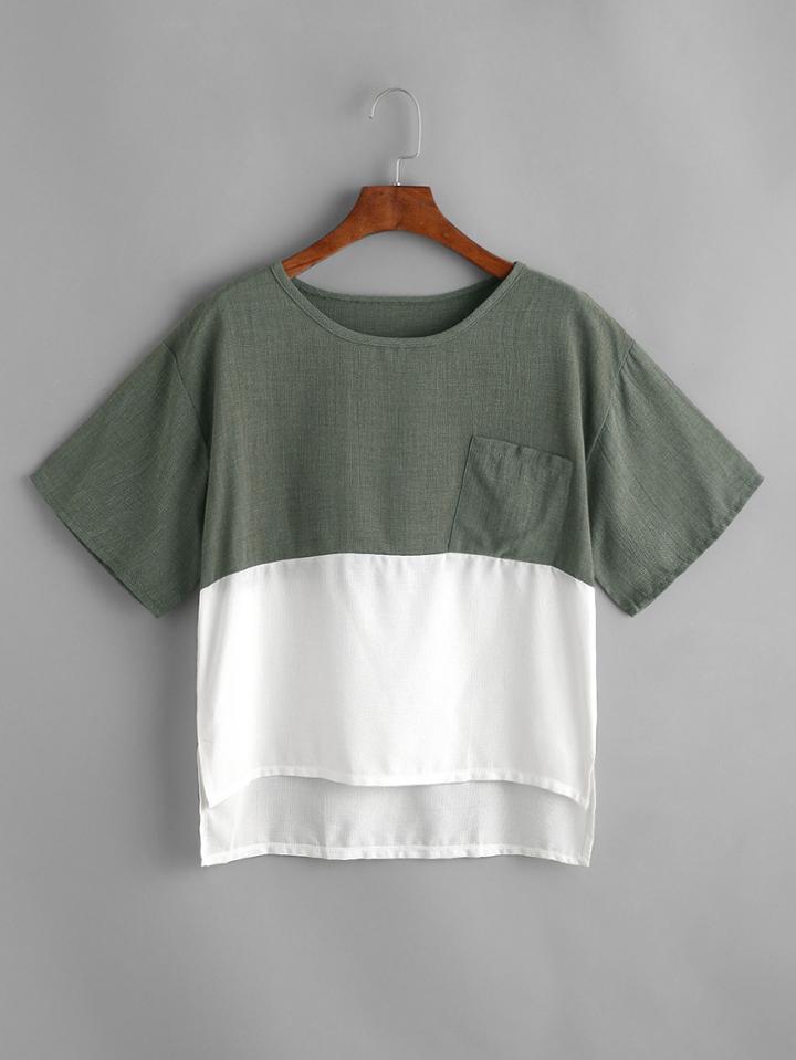Romwe Color Block Dip Hem Pocket T-shirt
