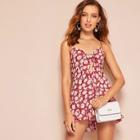 Romwe Tie Front Ruffle Hem Ditsy Floral Cami Romper