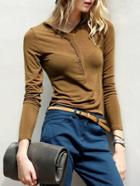 Romwe Long Sleeve Buttons Coffee T-shirt