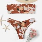 Romwe Cut-out Ruched Random Floral Bikini Set