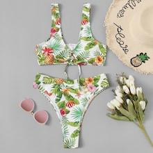 Romwe Random Tropical Lace-up Top With High Leg Bikini