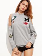 Romwe Heather Grey Open Shoulder Sweatshirt With Embroidered Patch