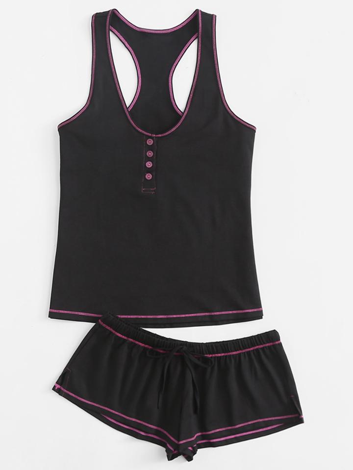 Romwe Contrast Trim Racerback Top & Shorts Set
