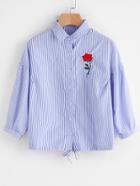 Romwe Pinstriped Rose Embroidered Tie Hem Shirt