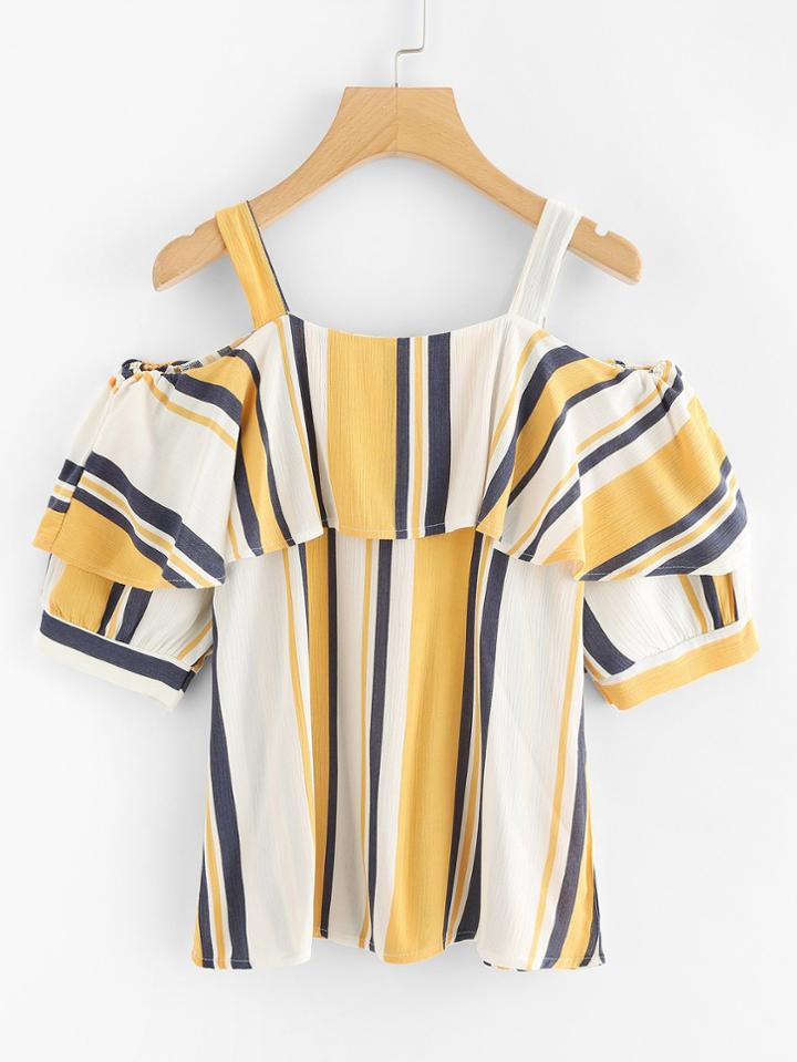 Romwe Open Shoulder Striped Tiered Top