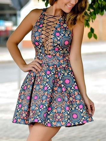Romwe Deep V Neck Lattice-front Florals Flare Dress